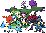 gen 5 sprite of the black 2/white 2 female protagonist alongside a resolute-forme keldeo, ducklett, lucario, zoroark, therian-forme tornadus, and serperior